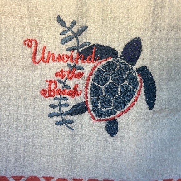 Embroidered Waffle Towel. White Towel with a Turtle & “Unwind at the Beach” - Picture 2 of 6